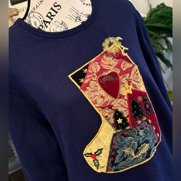 Vintage Bobbie Brooks Navy Christmas Stocking Embroidered Joy Sweatshirt Large - Picture 4 of 6